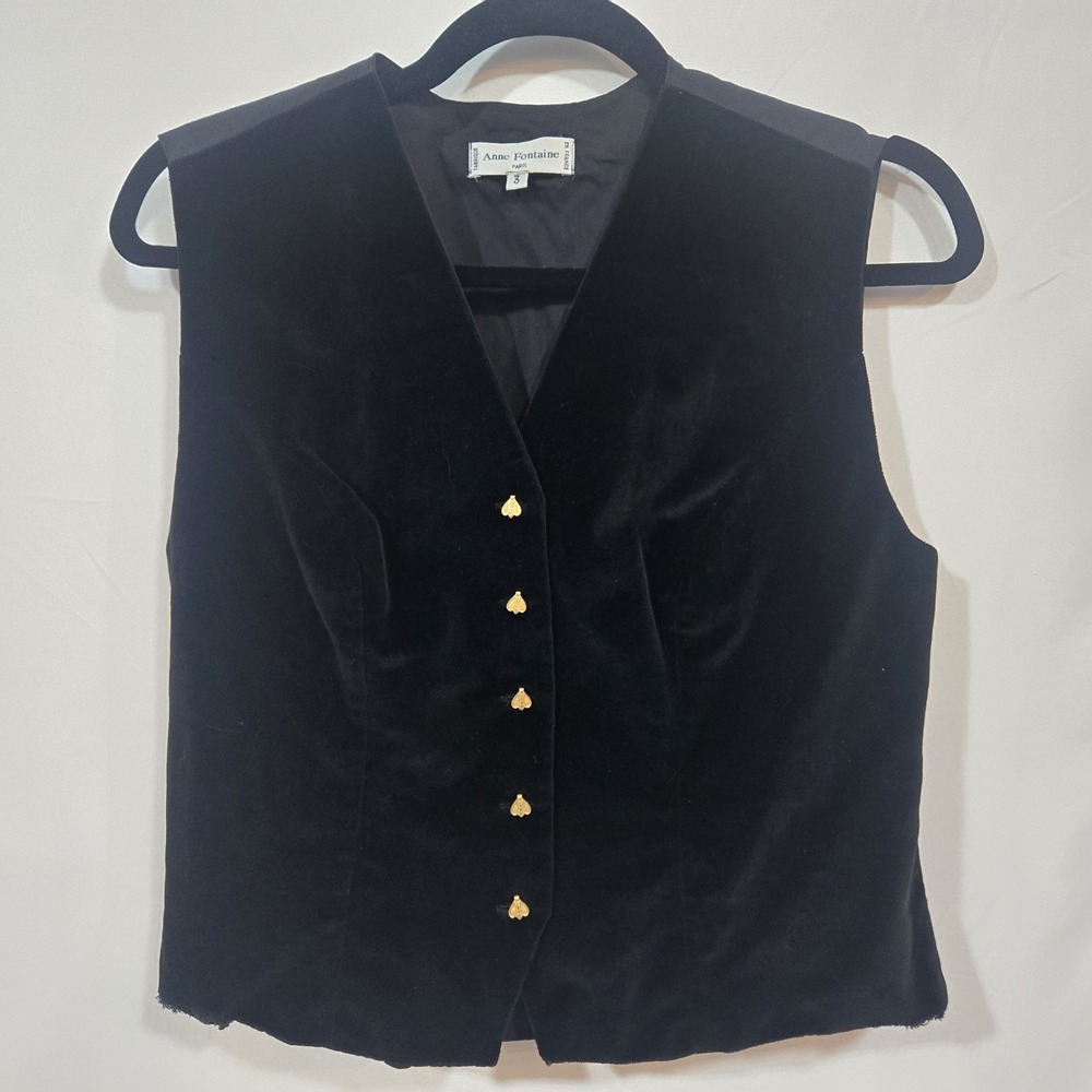 Vintage Anne Fontaine Amanda Black Velvet Vest Gold Fantasy Buttons Size 3